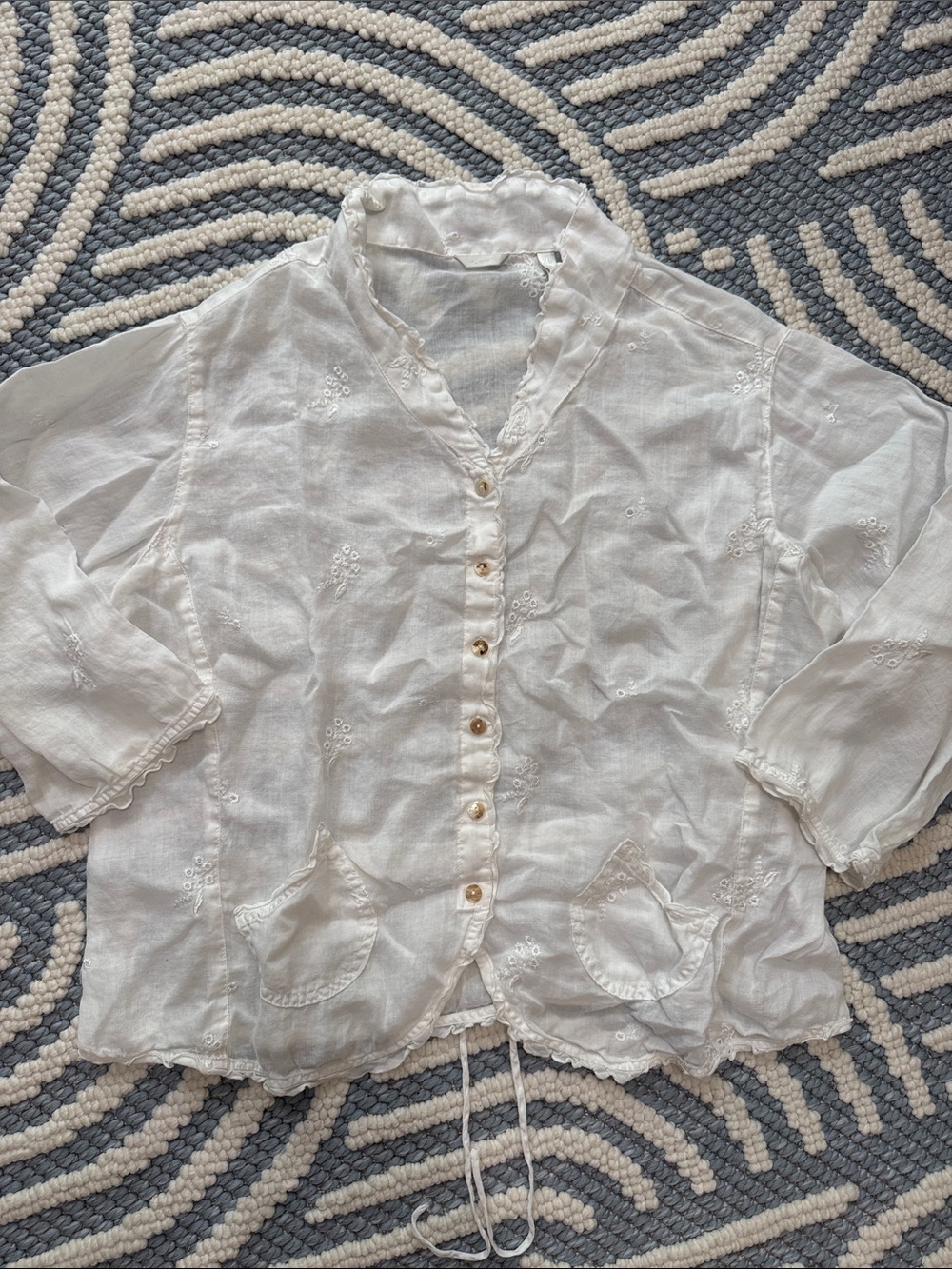 Kleen 100% Ramie Embroidered Button Front Blouse XL White Boho Cottagecore
